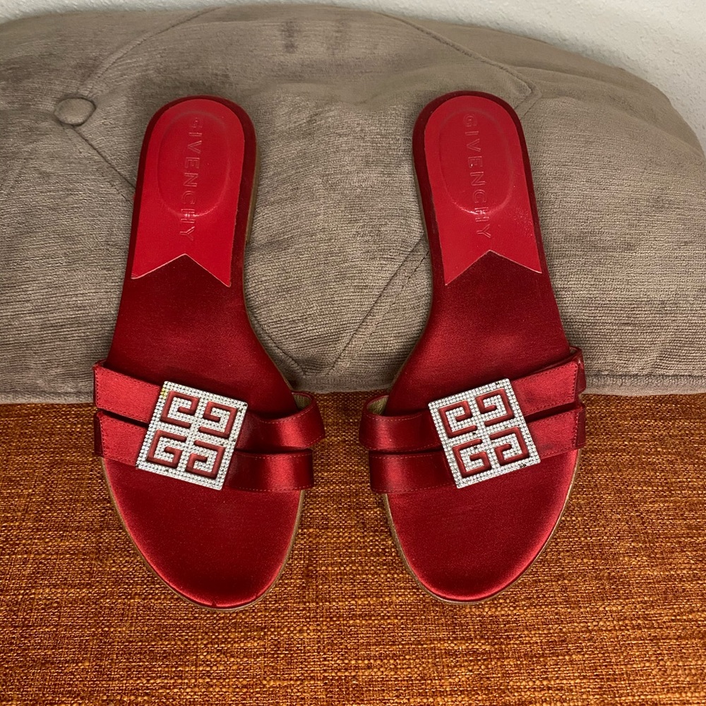 Givenchy Red Satin Embellished Slides Size 6.5